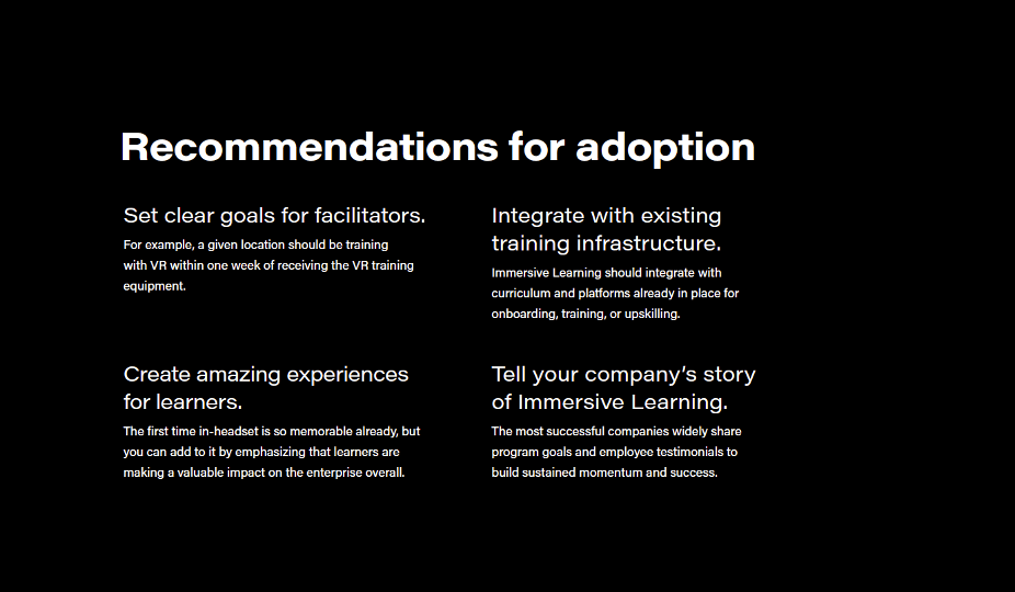 Page from Strivr's ultimate guide to immersive learning ebook about recommendations for adoption