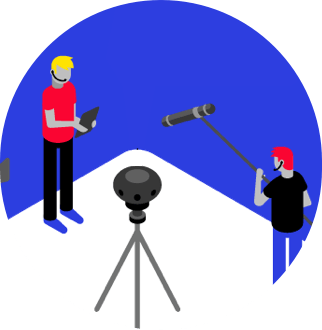 illustrated characters with microphone and vr camera