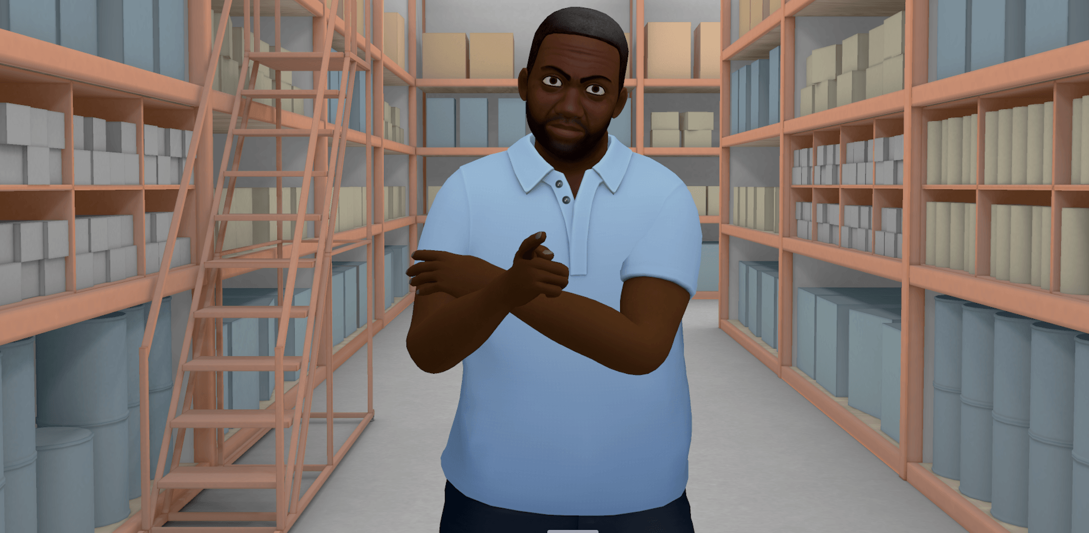 VR graphic of a black man in a warehouse looking serious and pointing at the viewer