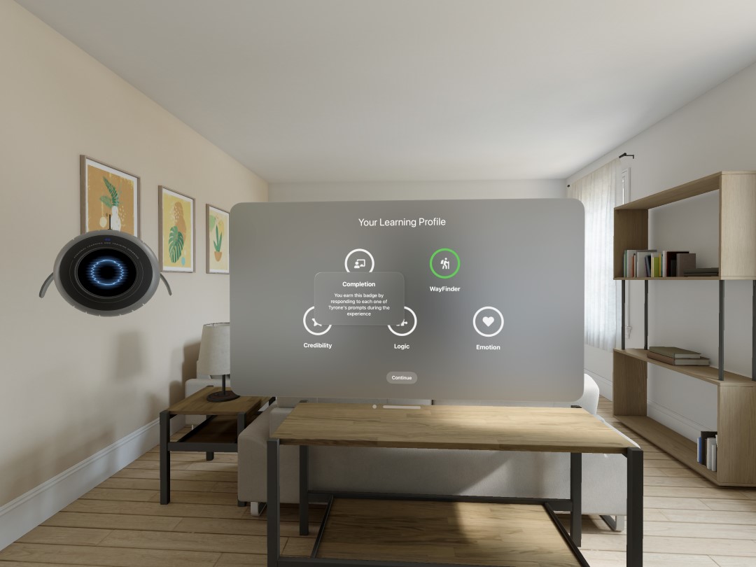 A VR learning profile interface displaying completion, credibility, logic, and emotion metrics in a modern room.
